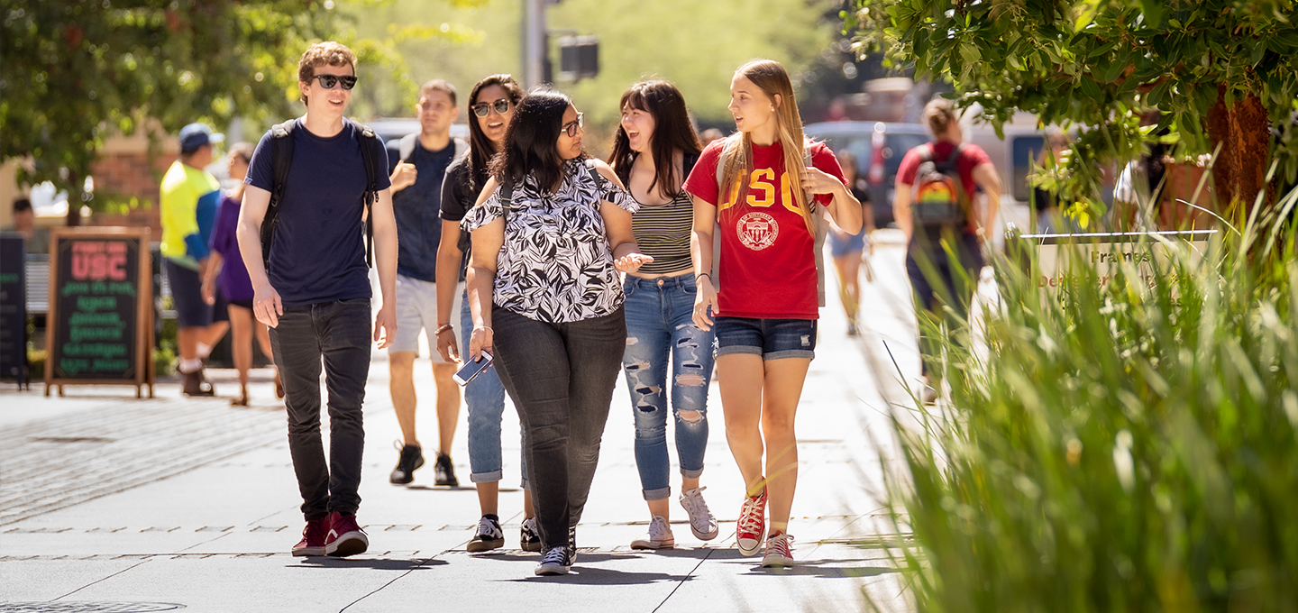 a group of students walks across campus