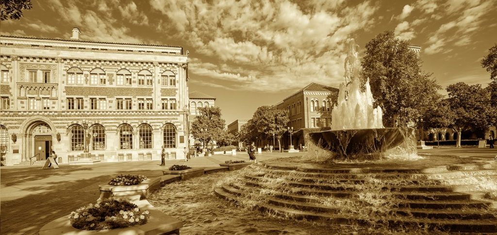 fountain in the center of campus